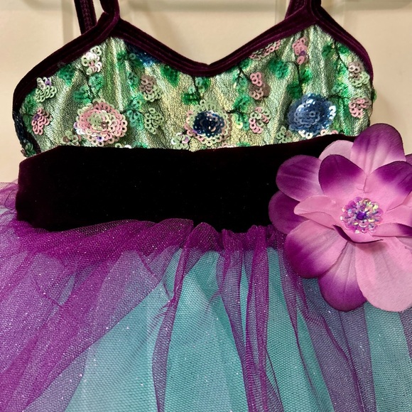 Girls Curtain Call Tiny Dancer Teal and Purple Sequin Dance Costume Size CXS - Picture 3 of 7